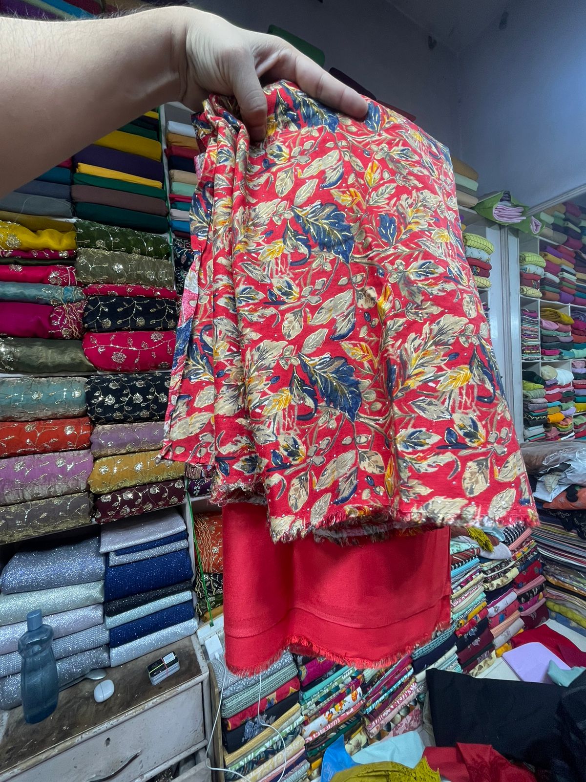 Red Leaf-Print Rayon Kurti Fabric Set – Kurti 2m | Bottom 2m Cotton | Premium Dress Material