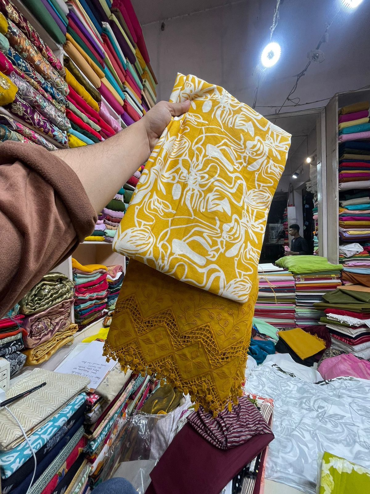 Mustard Printed Rayon Kurti Fabric Set – Kurti 1.5m | Bottom 2m Mustard Cotton Lace | Premium Dress Material