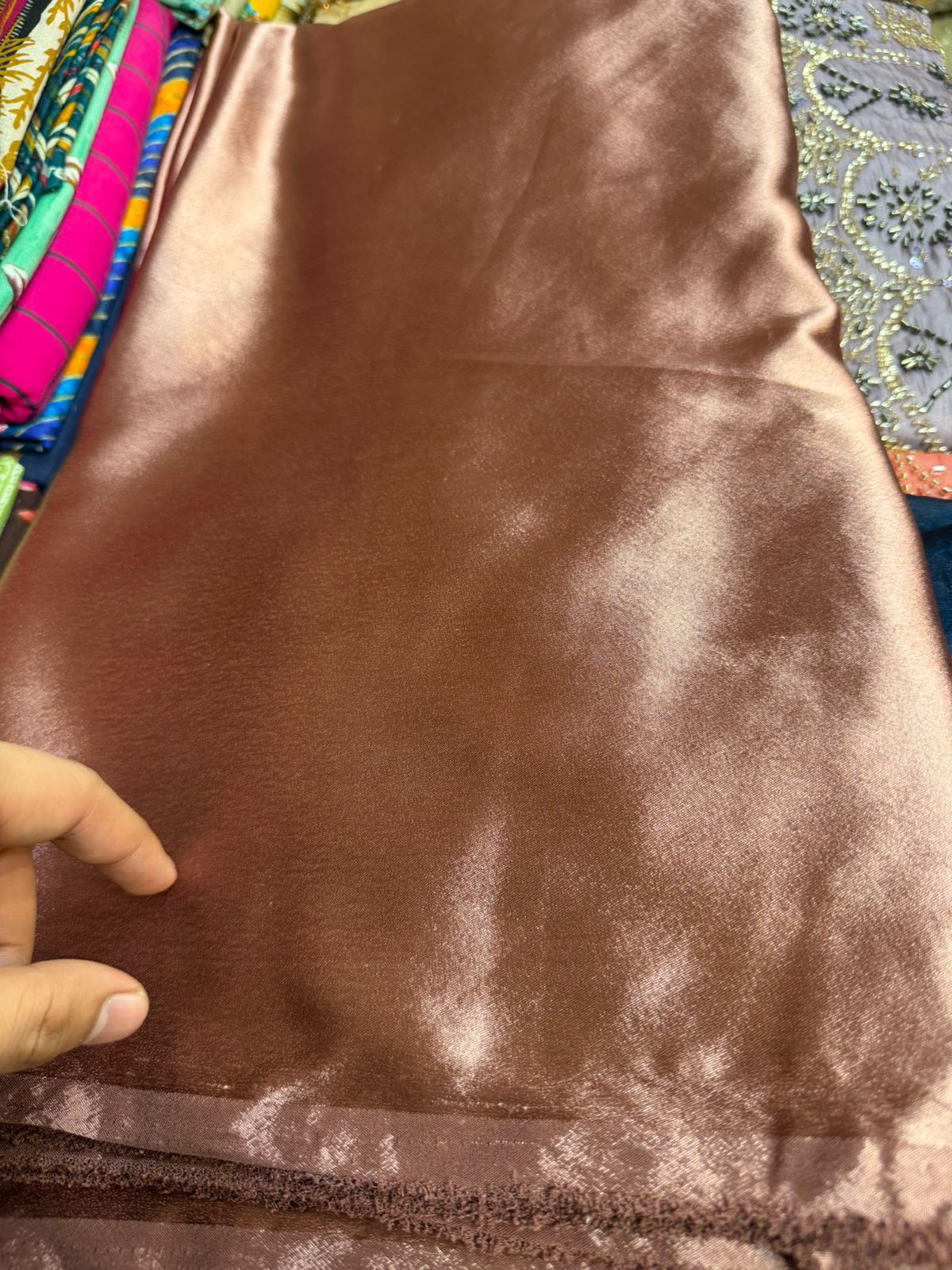 German Silk Fabric – Copper Brown | Rich Gloss Finish | Easy Stitching | ₹120 per Meter