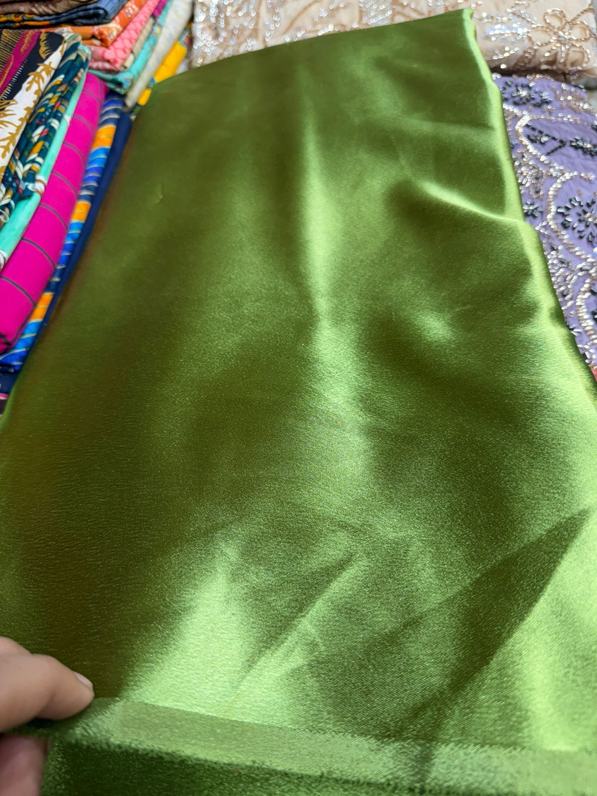 German Silk Fabric – Premium Olive Green Shade | Smooth Finish | 120₹ per Meter