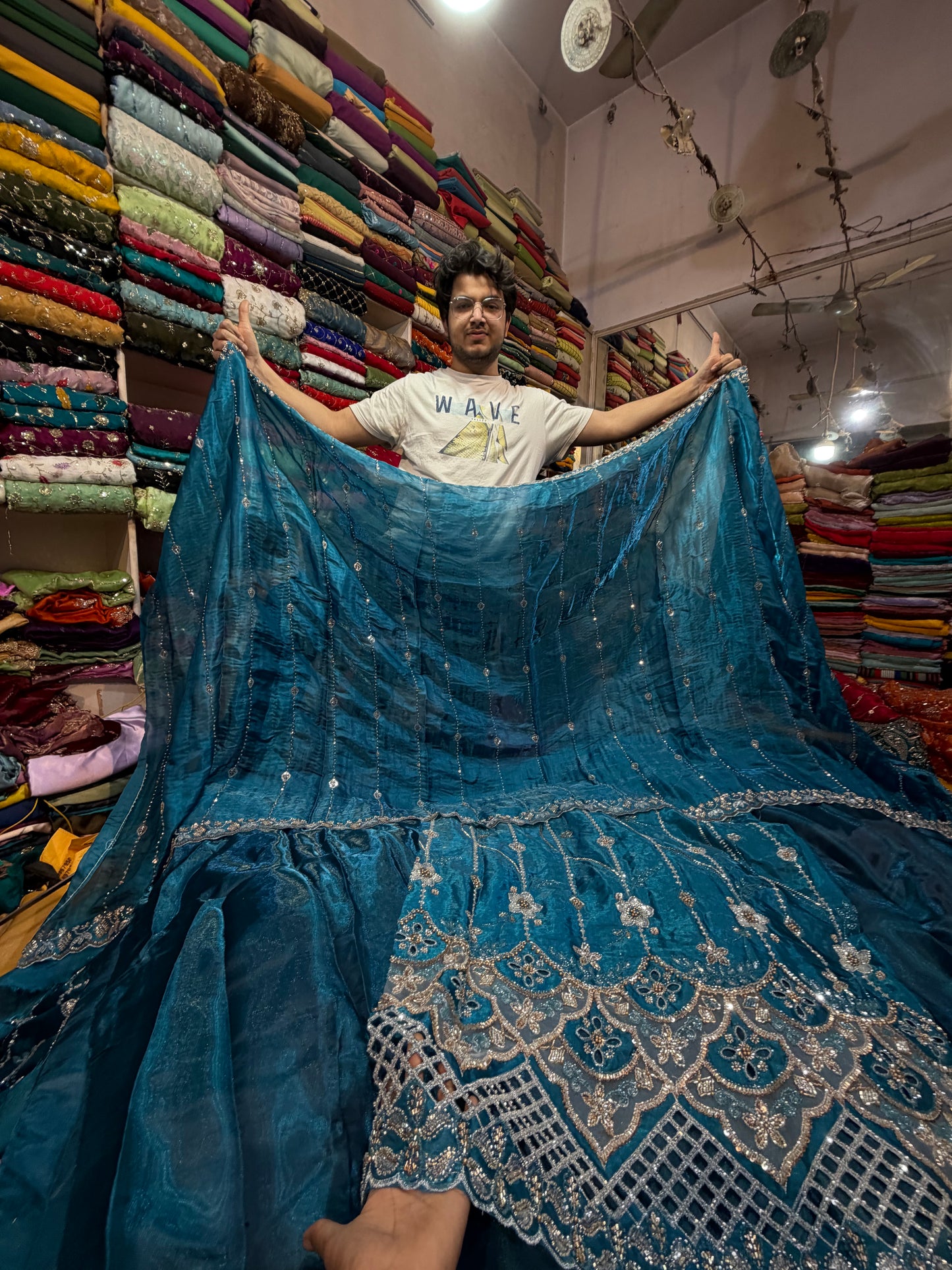 .75 front ￼ work
1.5 back sleeve 
2 bottom 
2 dupatta
