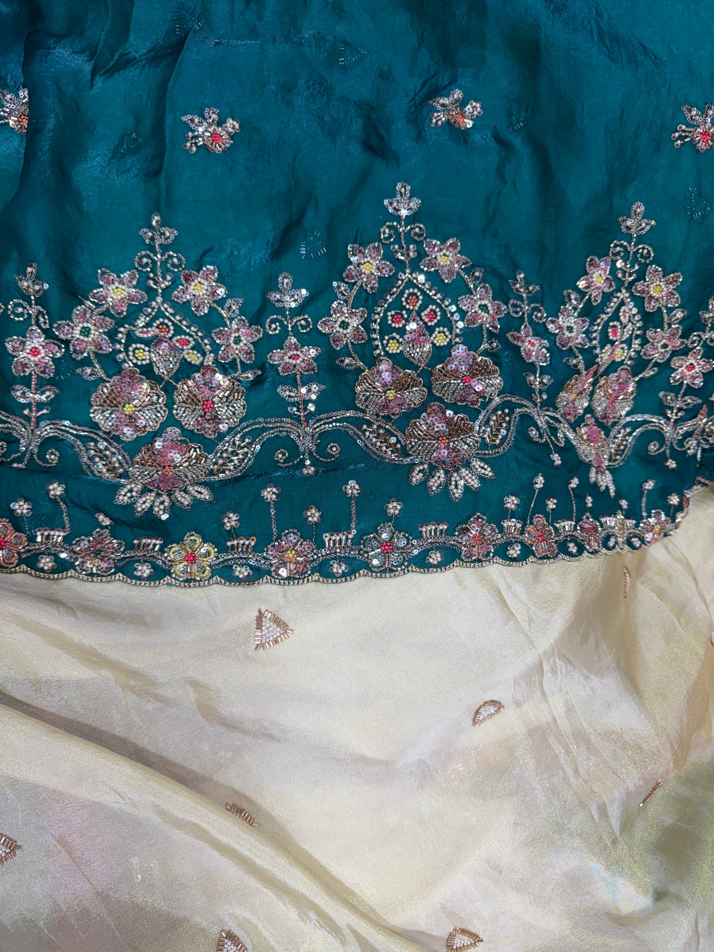 .75 front ￼ work
1.5 back sleeve 
3 bottom 
2 dupatta