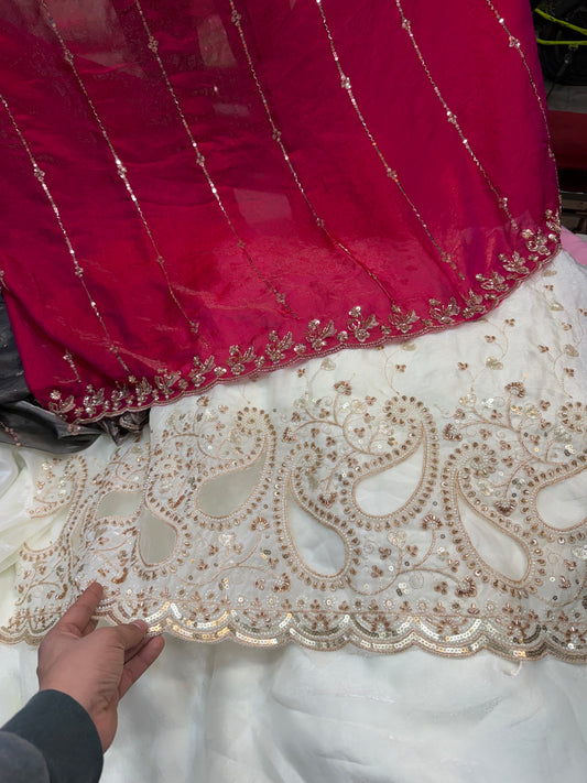 .75 front work
1.5 back sleeve 
2 bottom 
2 dupatta