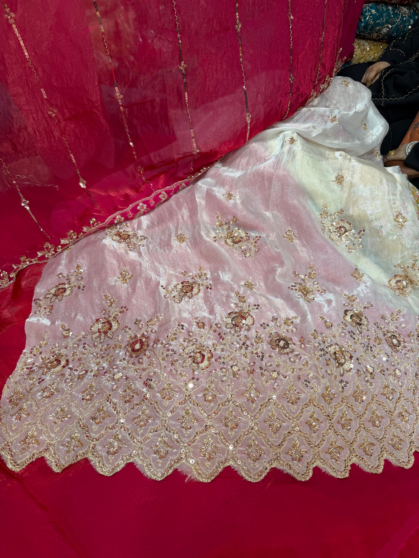 .75 front ￼ work
1.5 back sleeve 
2 bottom 
2 dupatta