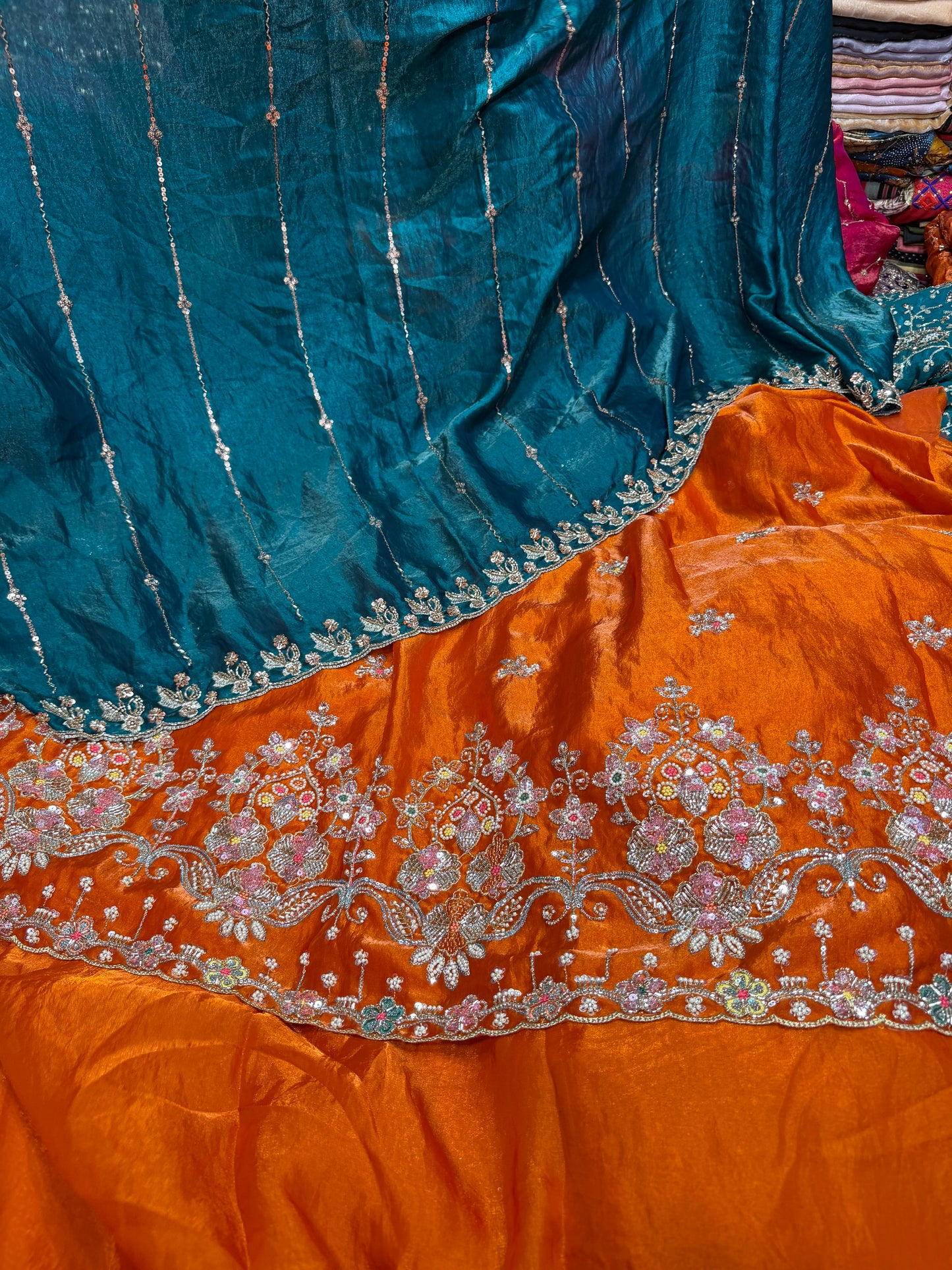 .75 front ￼ work
1.5 back sleeve 
2 bottom 
2 dupatta