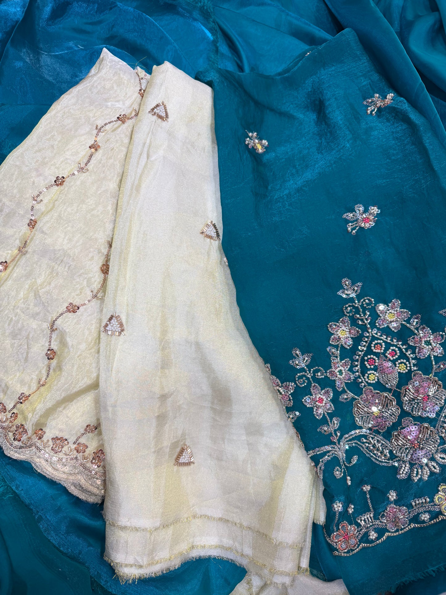 .75 front ￼ work
1.5 back sleeve 
3 bottom 
2 dupatta