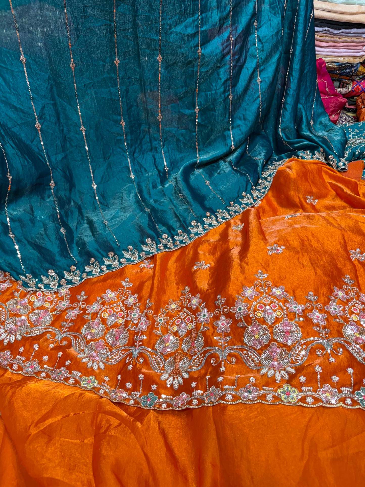 .75 front ￼ work
1.5 back sleeve 
2 bottom 
2 dupatta