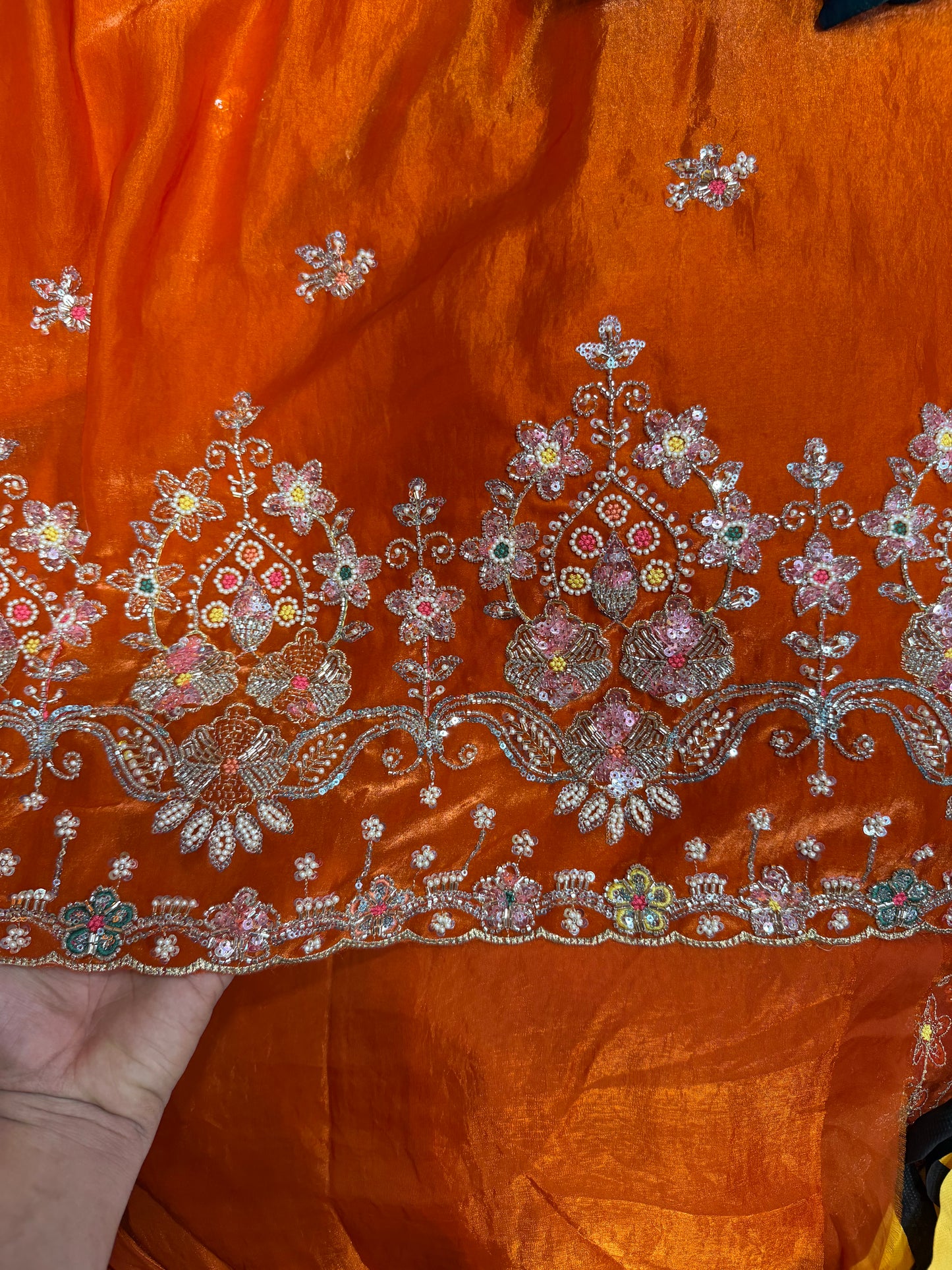 .75 front ￼ work
1.5 back sleeve 
2 bottom 
2 dupatta