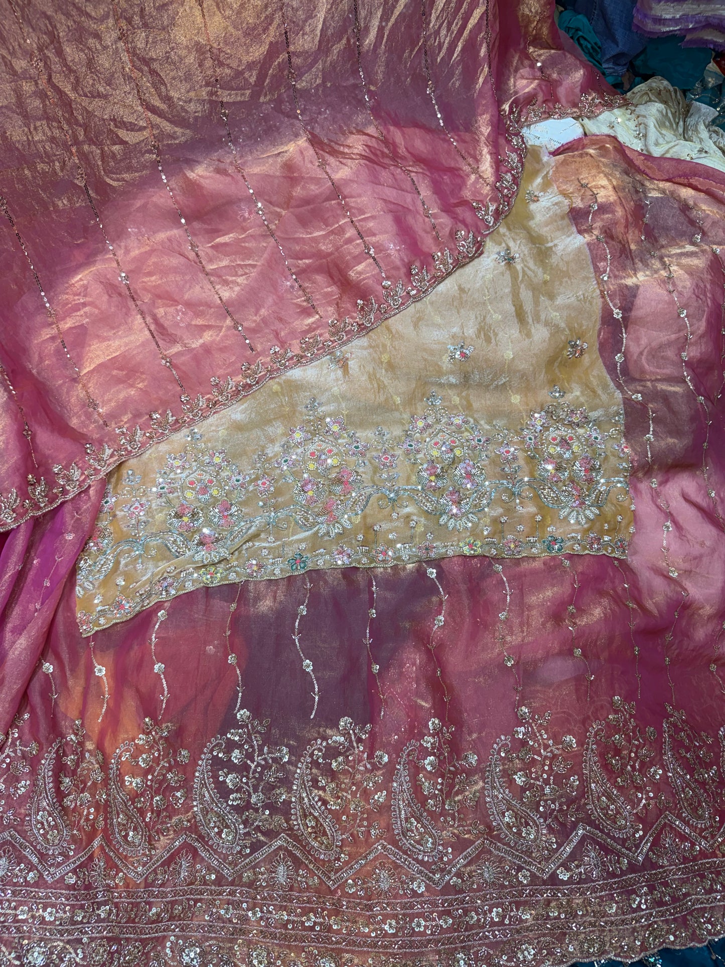 .75 front ￼ work
1.5 back sleeve 
2 bottom 
2 dupatta