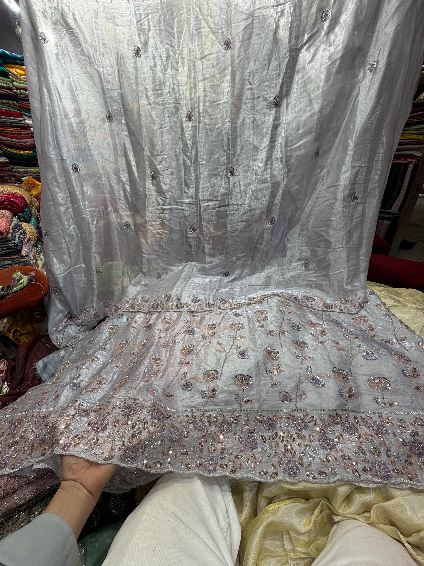 .75 front ￼ work
1.5 back sleeve 
2 bottom 
2 dupatta