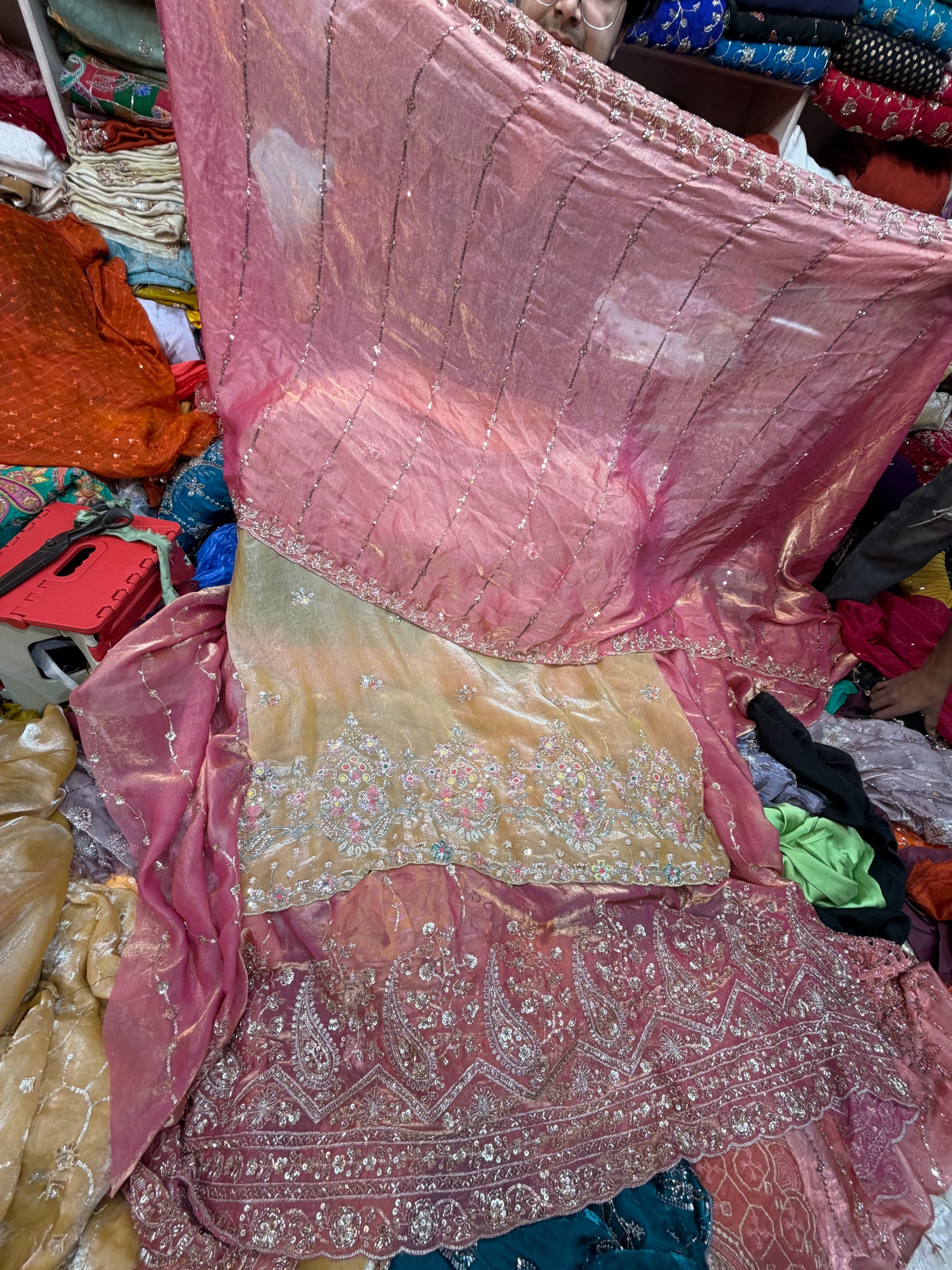 .75 front ￼ work
1.5 back sleeve 
2 bottom 
2 dupatta
