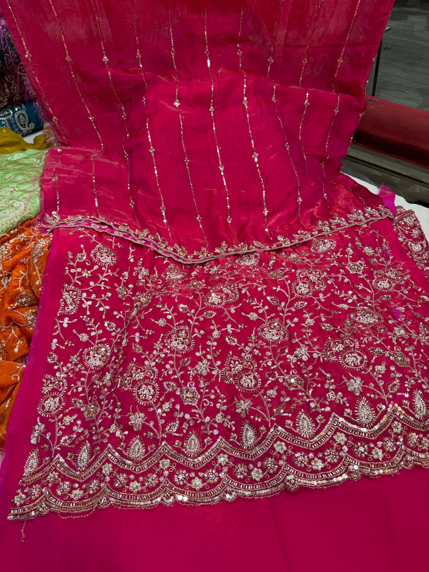 .75 front ￼ work
1.5 back sleeve 
2 bottom 
2 dupatta