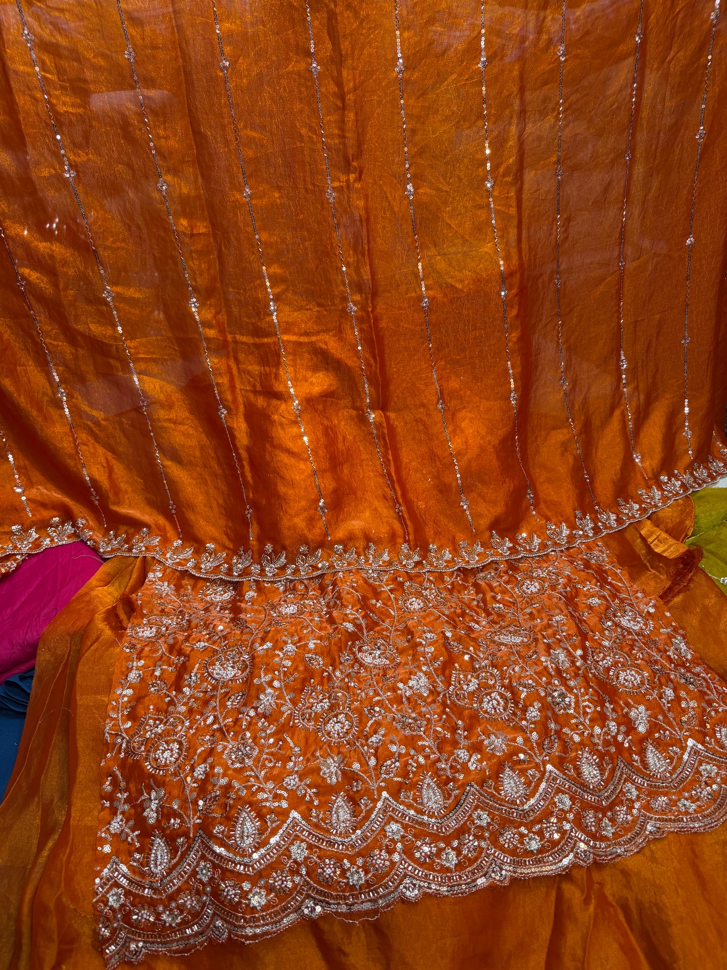 .75 front ￼ work
1.5 back sleeve 
2 bottom 
2 dupatta
