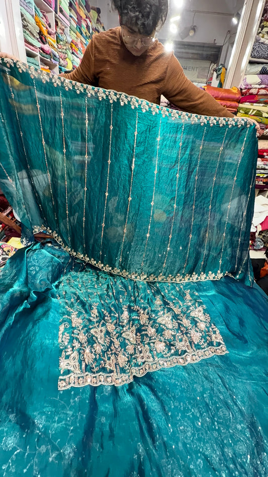 .75 front ￼ work
1.5 back sleeve 
2 bottom 
2 dupatta