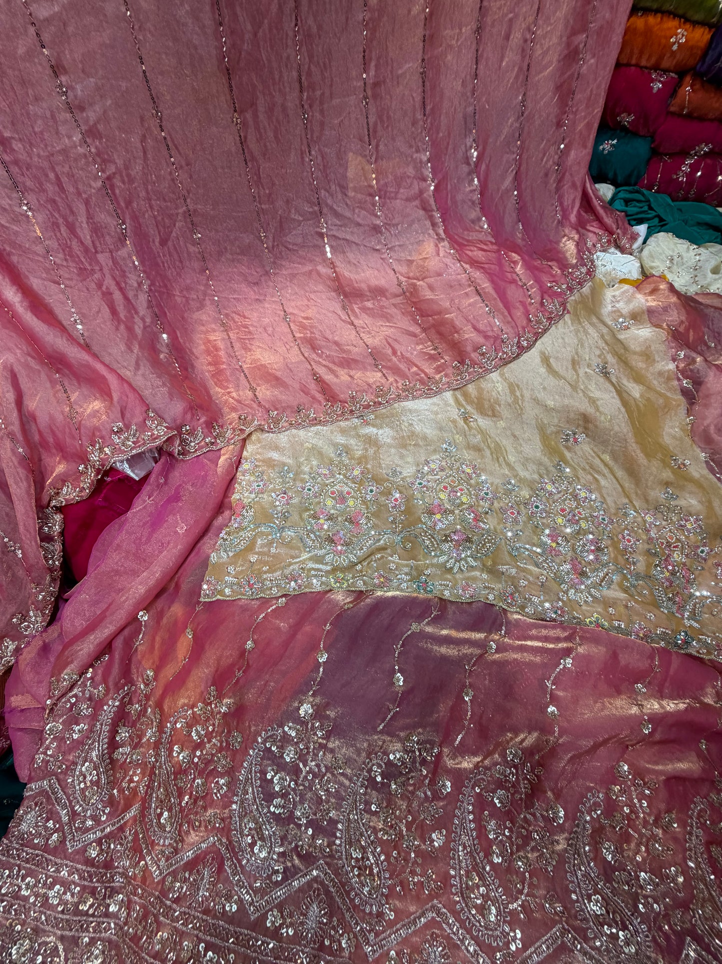 .75 front ￼ work
1.5 back sleeve 
2 bottom 
2 dupatta