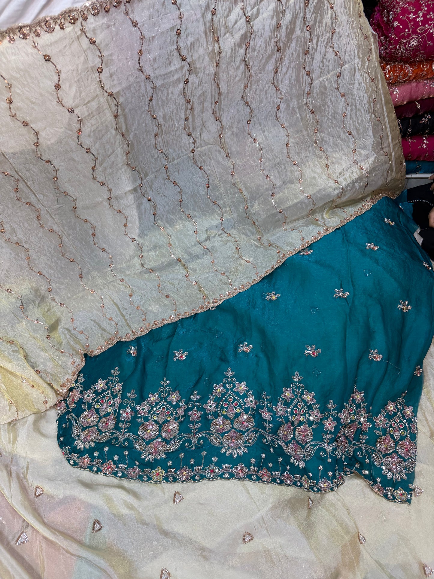 .75 front ￼ work
1.5 back sleeve 
3 bottom 
2 dupatta
