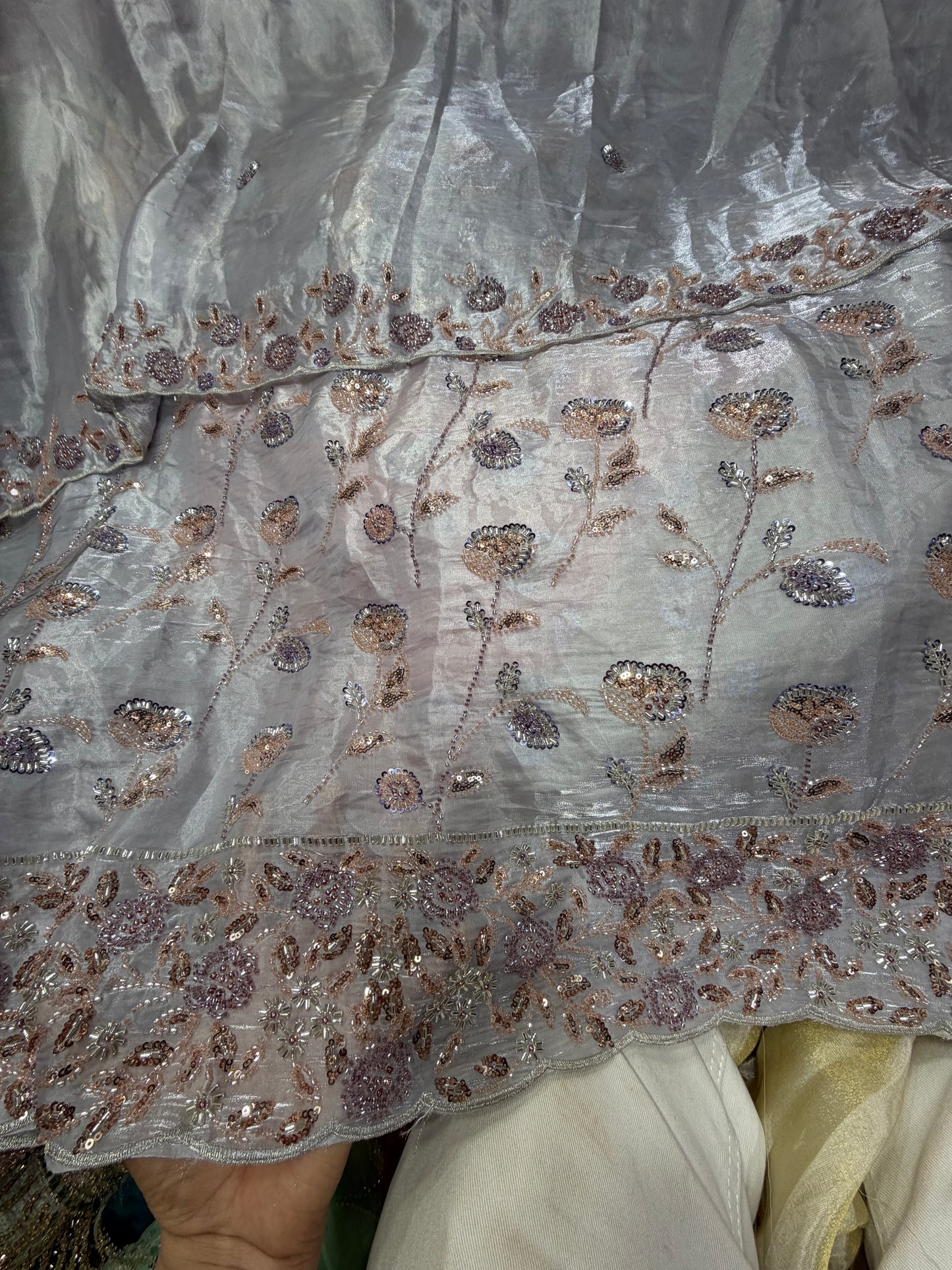 .75 front ￼ work
1.5 back sleeve 
2 bottom 
2 dupatta
