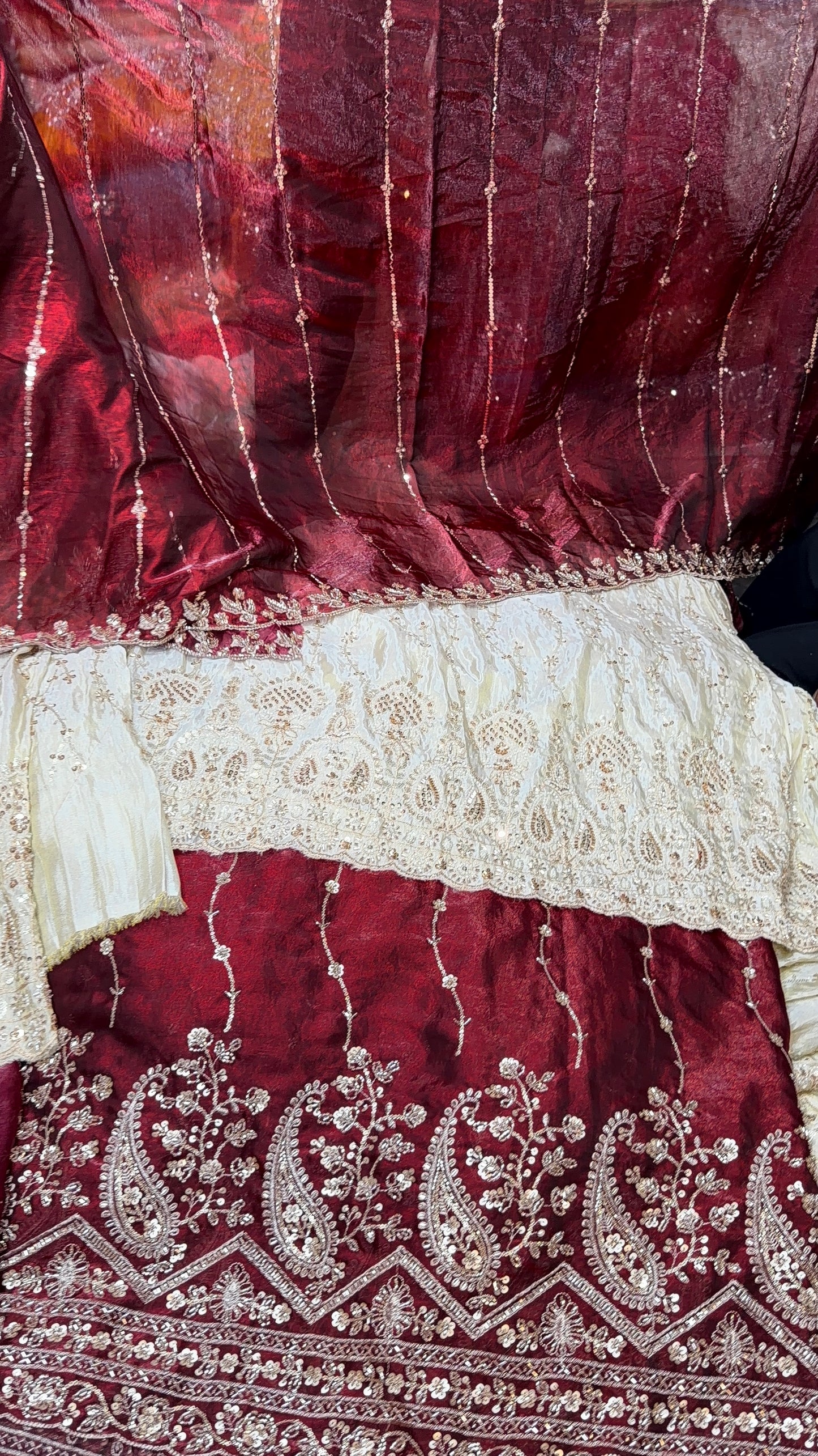 .75 front ￼ work
1.5 back sleeve 
2 bottom 
2 dupatta