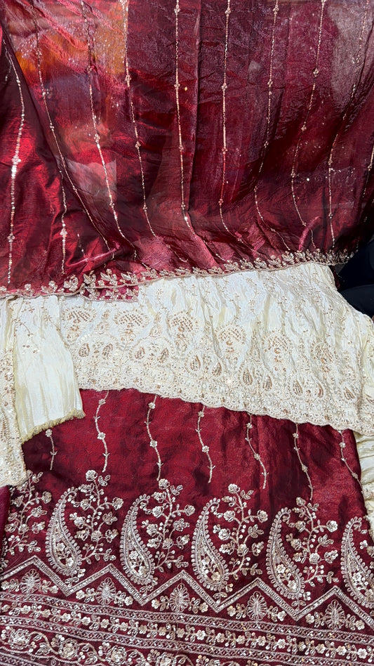 .75 front ￼ work
1.5 back sleeve 
2 bottom 
2 dupatta