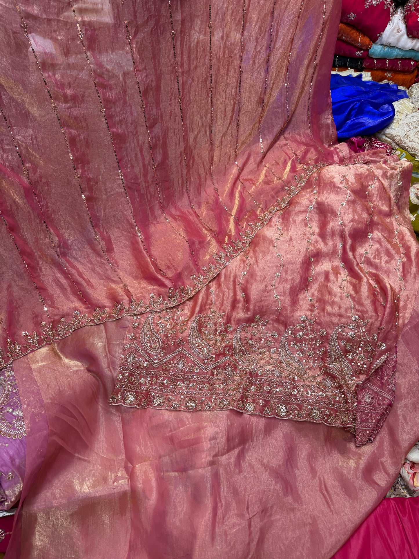 .75 front ￼ work
1.5 back sleeve 
2 bottom 
2 dupatta