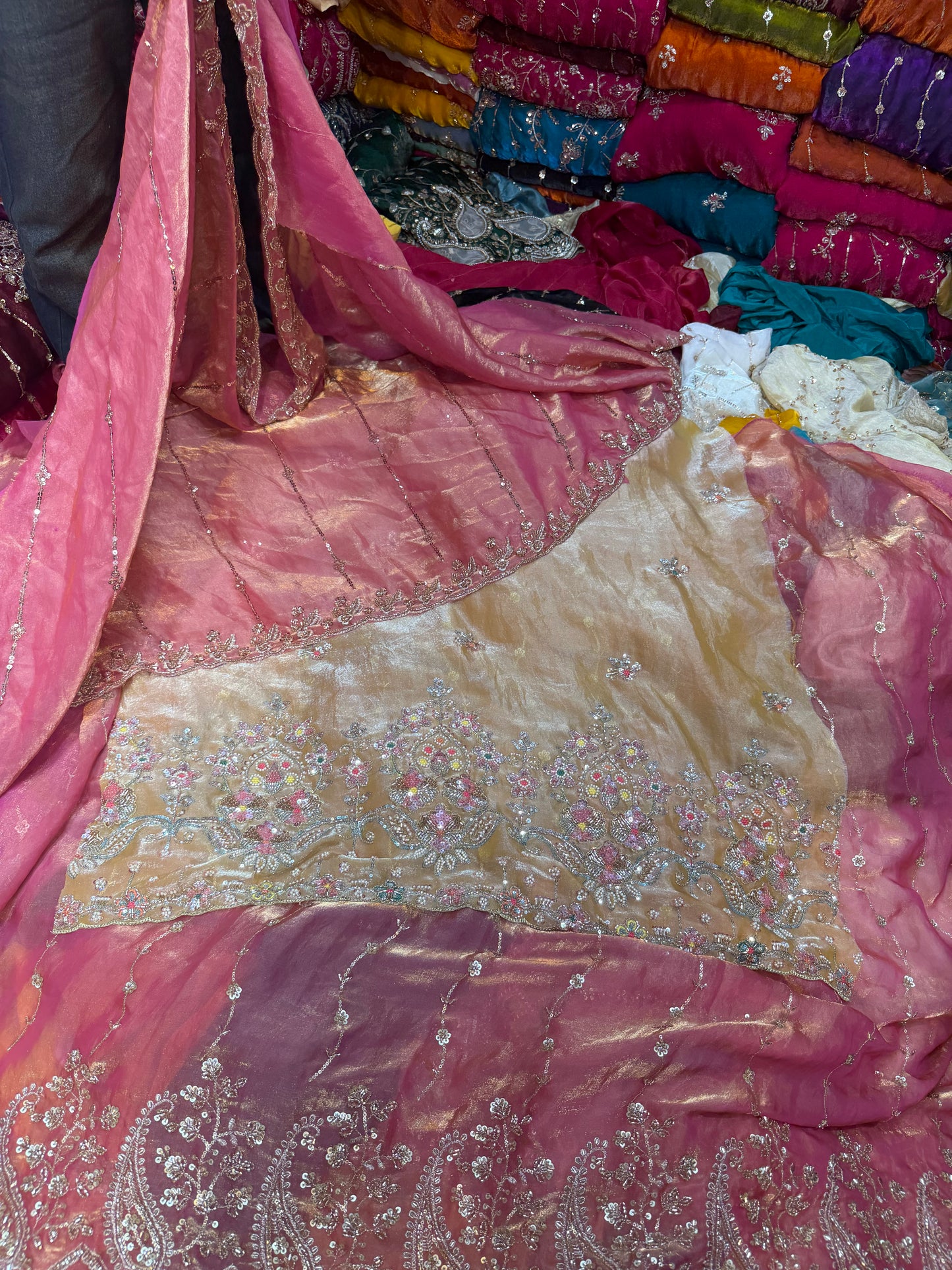 .75 front ￼ work
1.5 back sleeve 
2 bottom 
2 dupatta