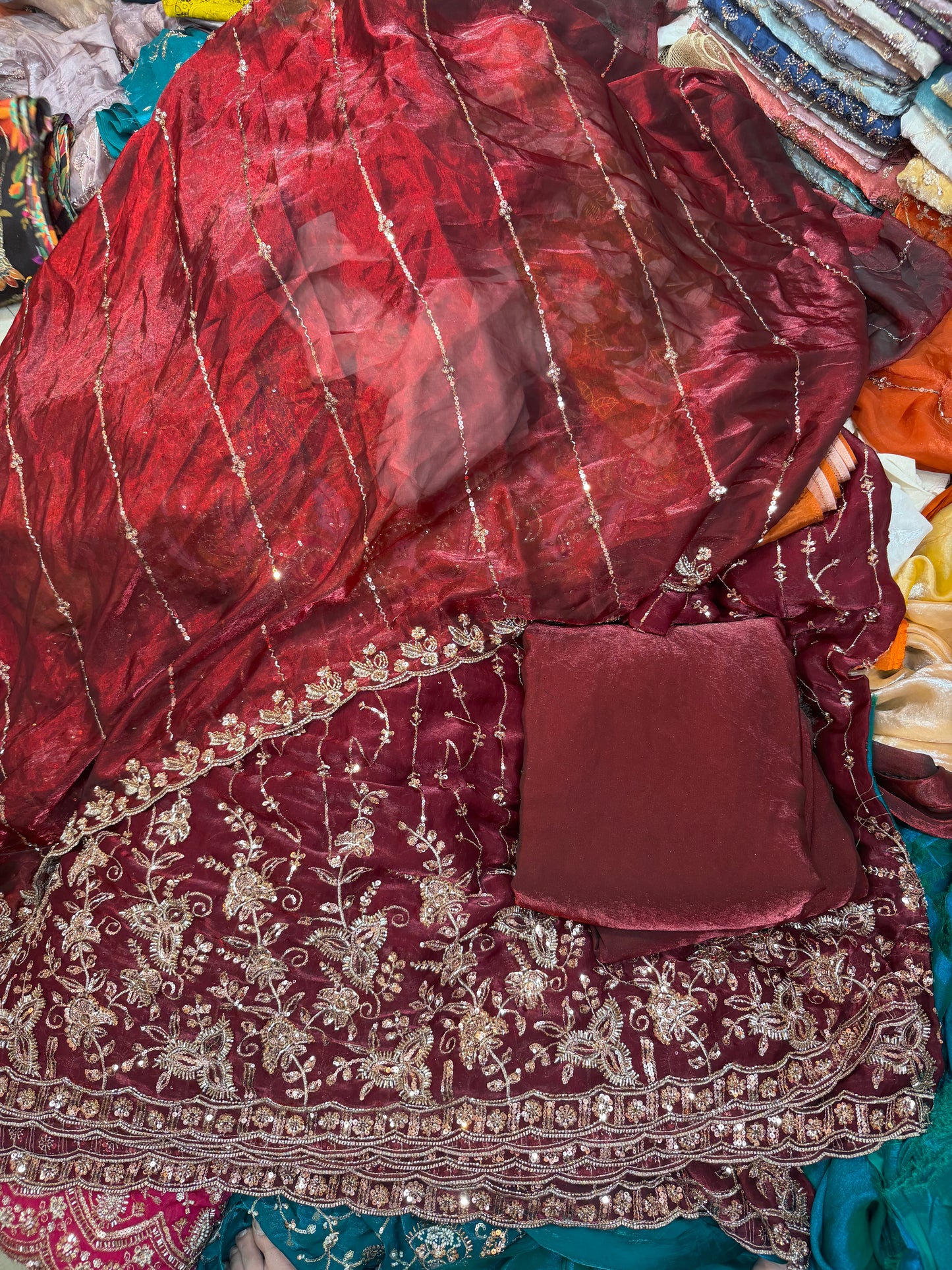 Full suit 
.75 front  work
1.5 back sleeve 
2 bottom 
2 dupatta