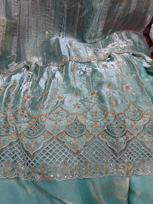 .75 front ￼ work
1.5 back sleeve 
2 bottom 
2 dupatta