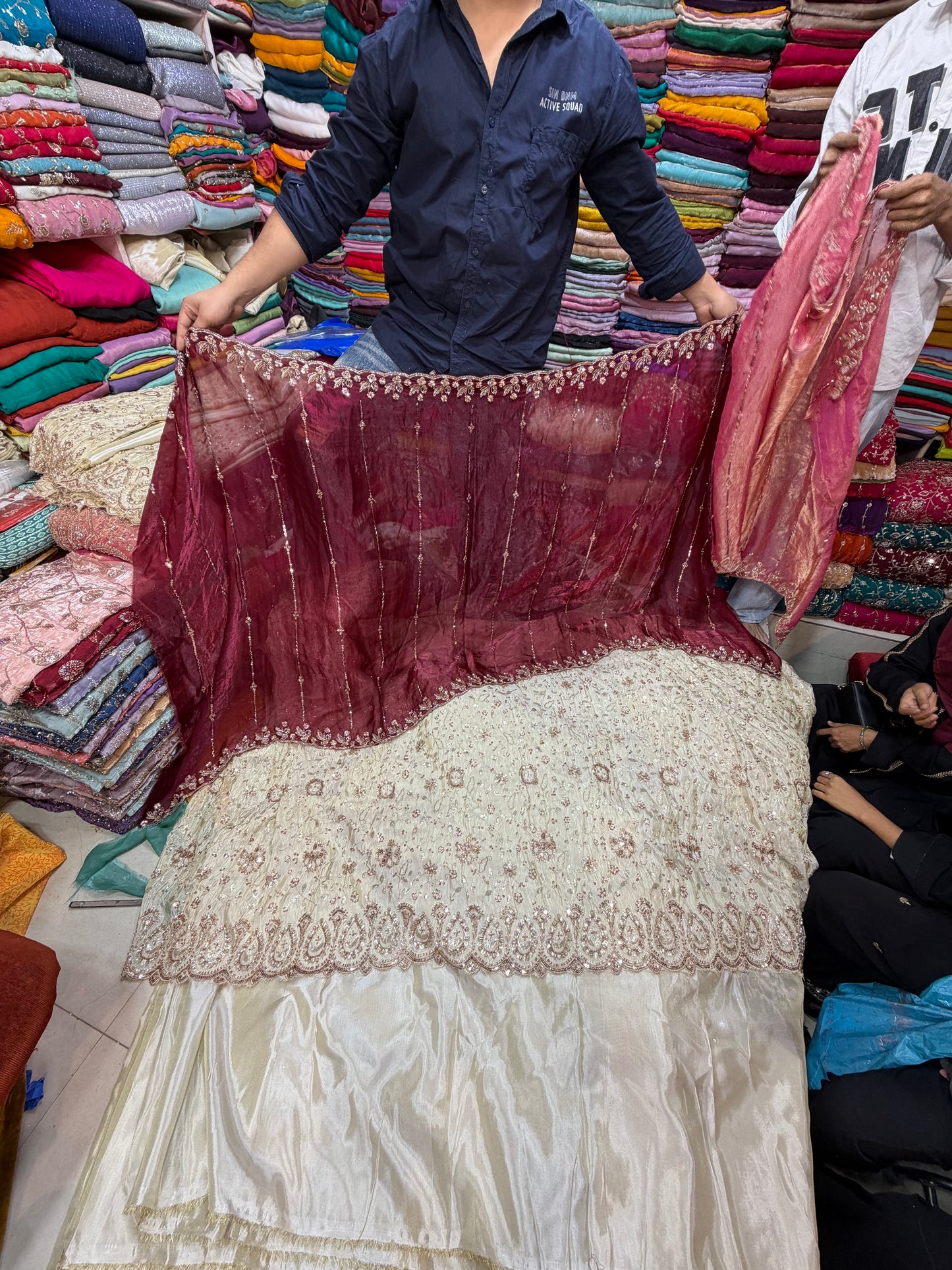 .75 front ￼ work
1.5 back sleeve 
2 bottom 
2 dupatta
