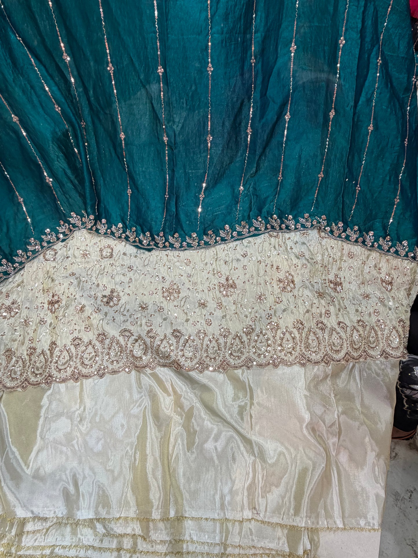 .75 front ￼ work
1.5 back sleeve 
2 bottom 
2 dupatta