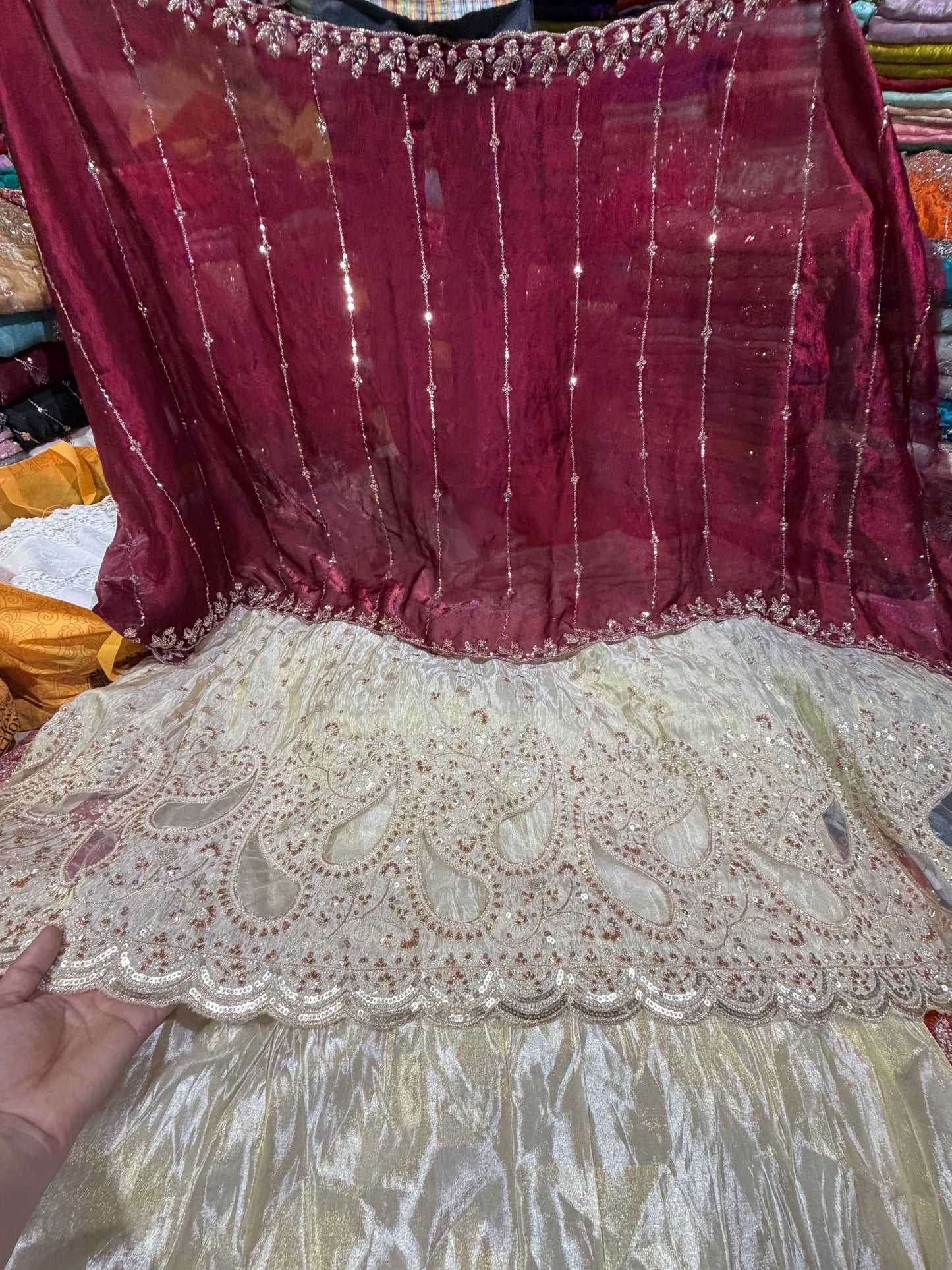.75 front ￼ work
1.5 back sleeve 
2 bottom 
dupatta
