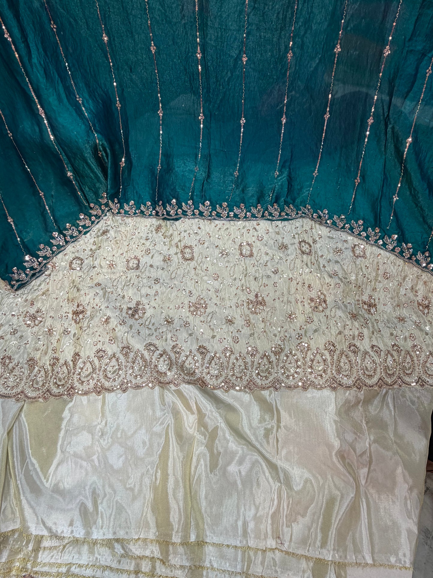 .75 front ￼ work
1.5 back sleeve 
2 bottom 
2 dupatta