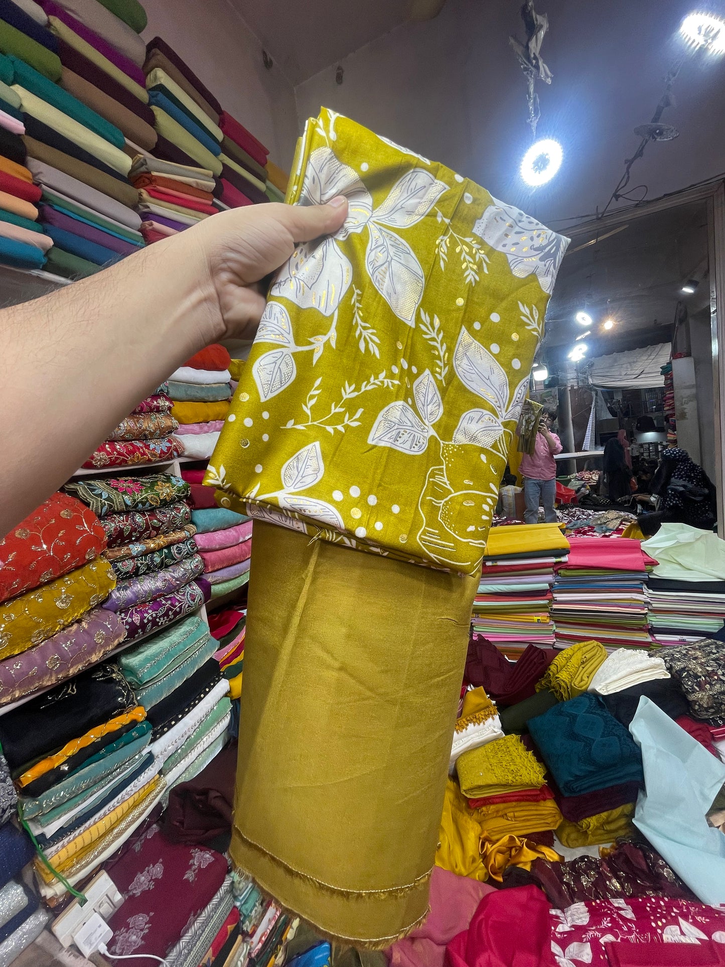 Premium Rayon Fabric – Mustard Yellow with White Leaf Print | Soft, Lightweight & Dress Material Ready (1.5 Meter) kurti and bottom only