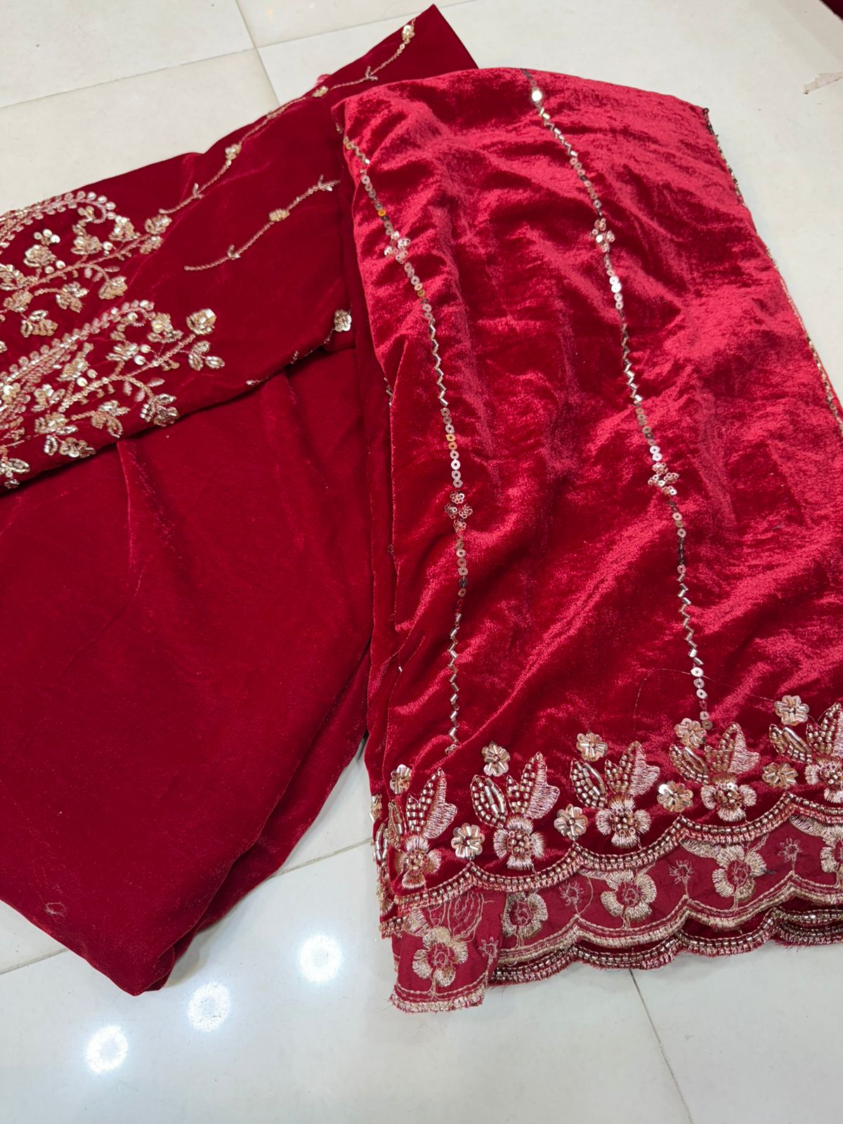 Red Velvet Heavy Embroidered Fabric – Zari & Sequence Paisley Border Work | Premium Bridal Material (Fornt .75 work  Back and bottom 3.5 plan  Dupatta 2)