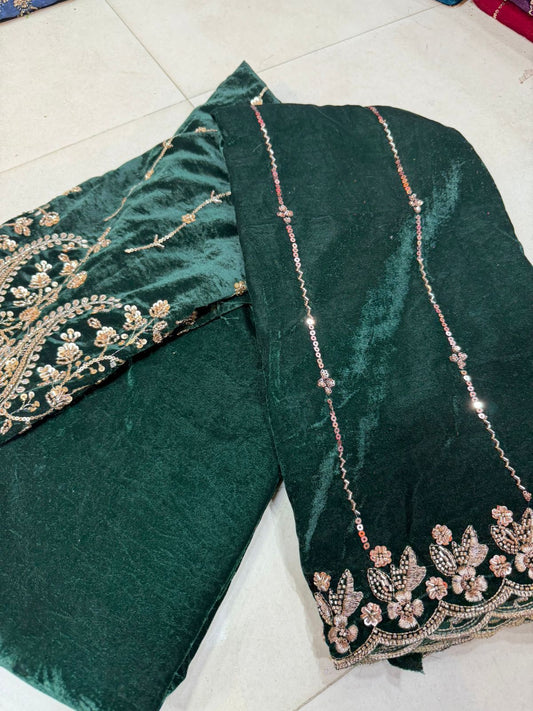 Dark Green Velvet Heavy Embroidered Fabric – Zari &amp; Sequence Paisley Border Work | Premium Party & Bridal Material (Fornt .75 work Back and bottom 3.5 plan Dupatta work 2)