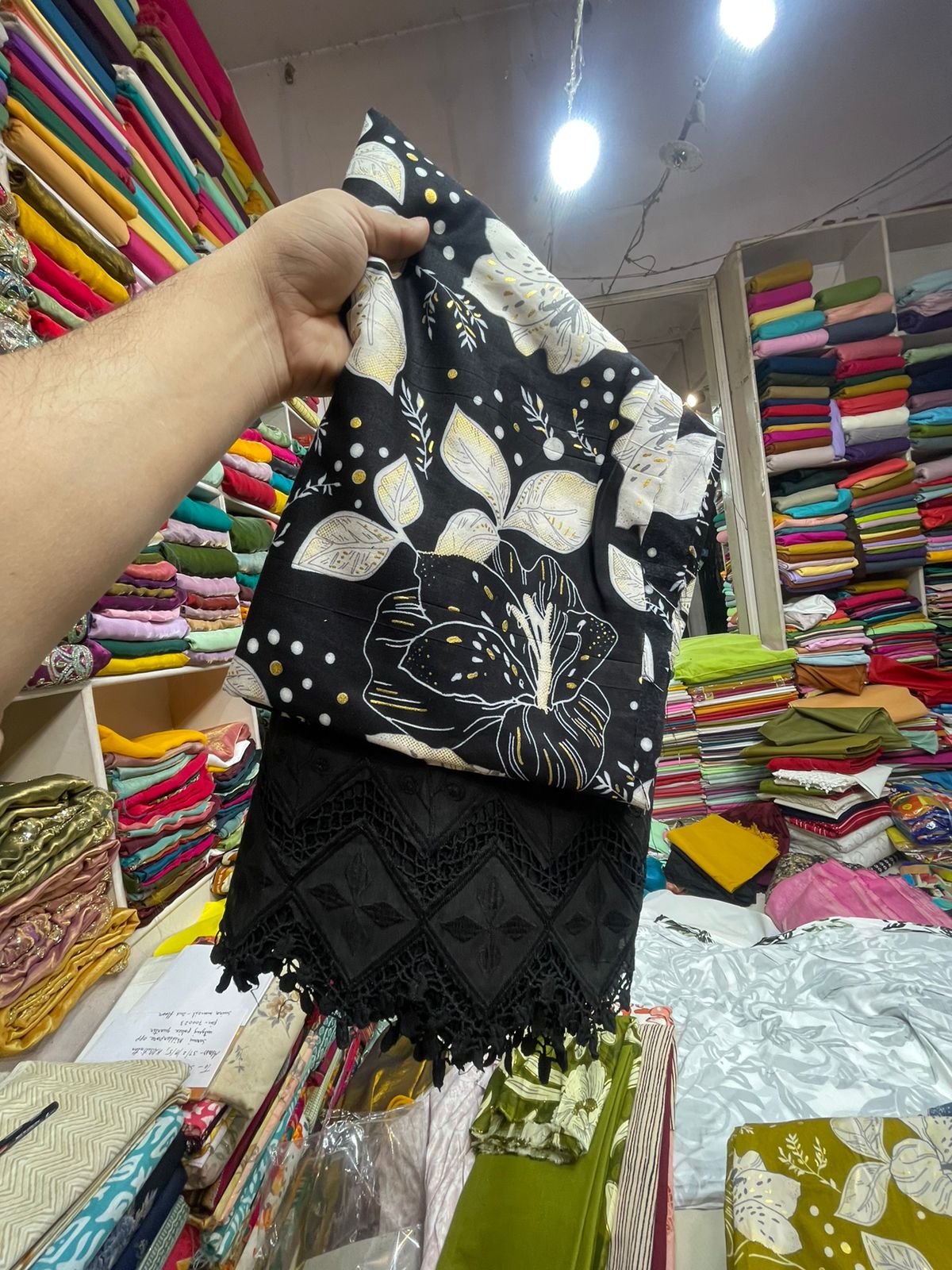 Black Floral Rayon Kurti Fabric Set – Kurti 1.5m | Bottom 2m Black Cotton Lace | Premium Dress Material
