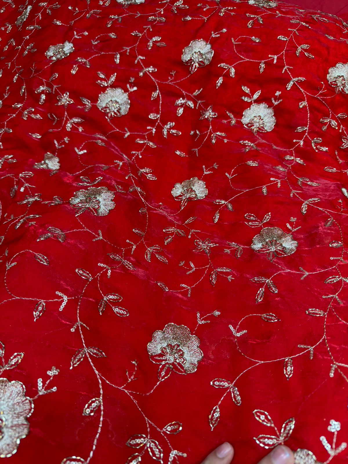 Red Fendy Work Embroidered Fabric with Golden Floral Design – Premium Dress Material | ₹350 per Meter