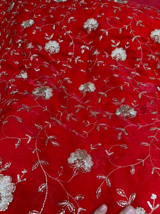 Red Fendy Work Embroidered Fabric with Golden Floral Design – Premium Dress Material | ₹350 per Meter