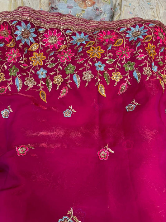 Mejanda (Magenta) Color Multi-Color Fendy Work Embroidered Fabric with Heavy Floral Border | ₹350 per Meter