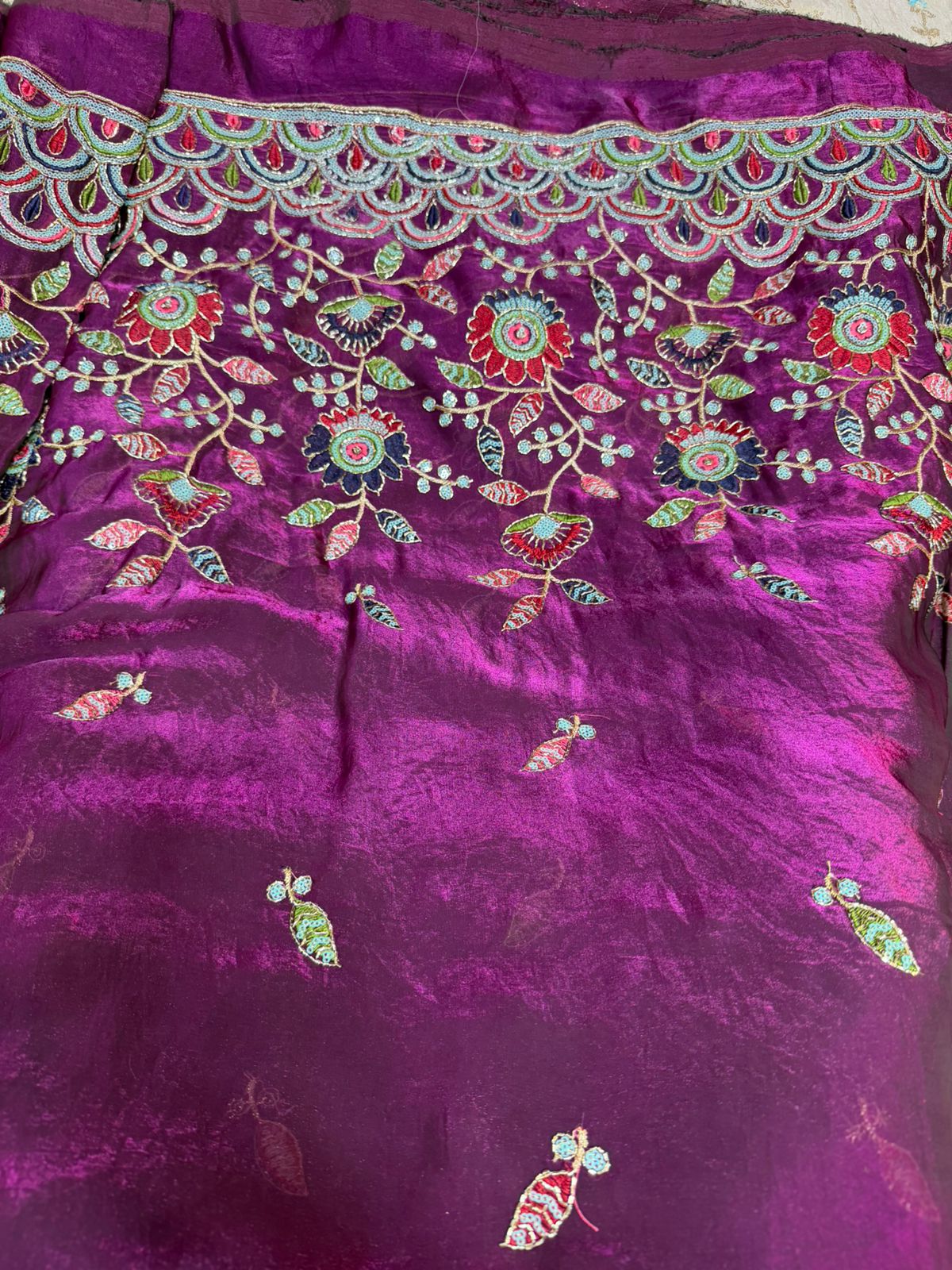 Purple Fendy Work Embroidered Fabric with Heavy Multi-Color Floral Border | ₹350 per Meter