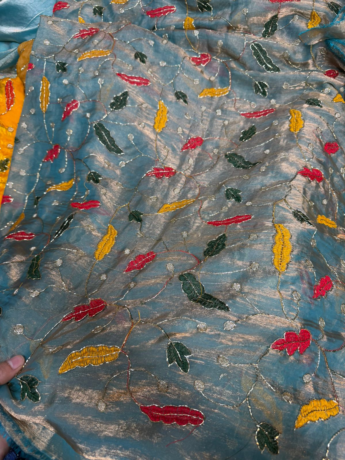 Sky Blue Fendy Work Leaf Embroidered Fabric – Multi-Color All Over Design | ₹350 per Meter