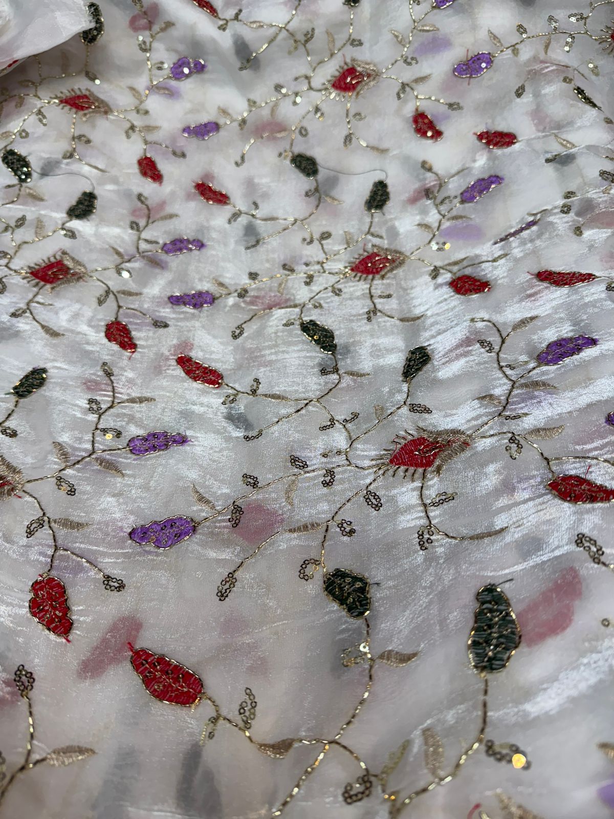 White Fendy Work Multi-Color Leaf Embroidered Fabric – All Over Design | ₹350 per Meter