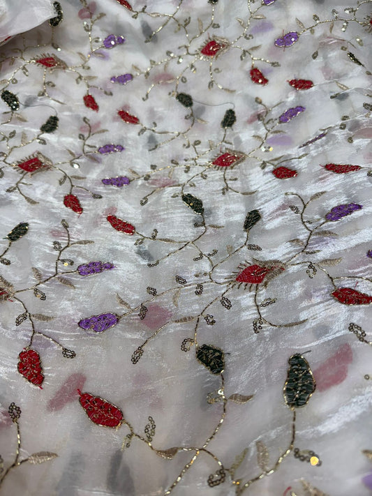 White Fendy Work Multi-Color Leaf Embroidered Fabric – All Over Design | ₹350 per Meter