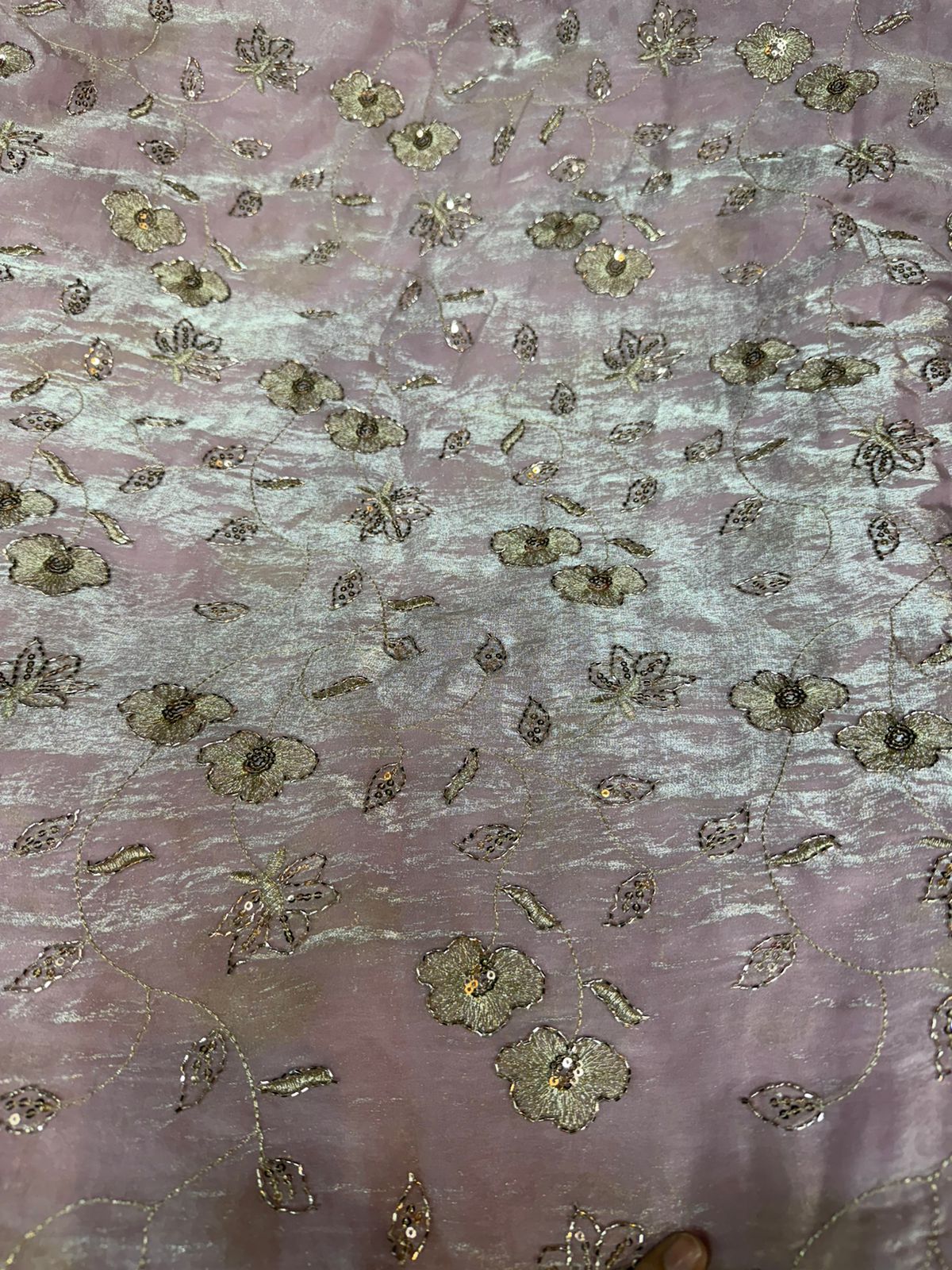 Lavender Fendy Work Gold Floral Embroidered Fabric – All Over Design | ₹350 per Meter