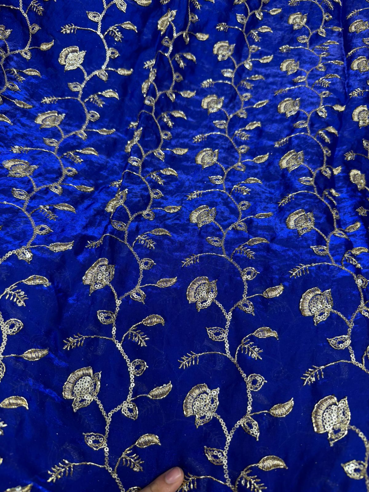 Royal Blue Fendy Work Gold Floral Embroidered Fabric – All Over Design | ₹350 per Meter