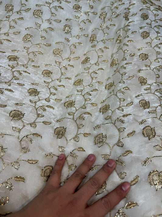 White Fendy Work Gold Floral Embroidered Fabric – All Over Design | ₹350 per Meter