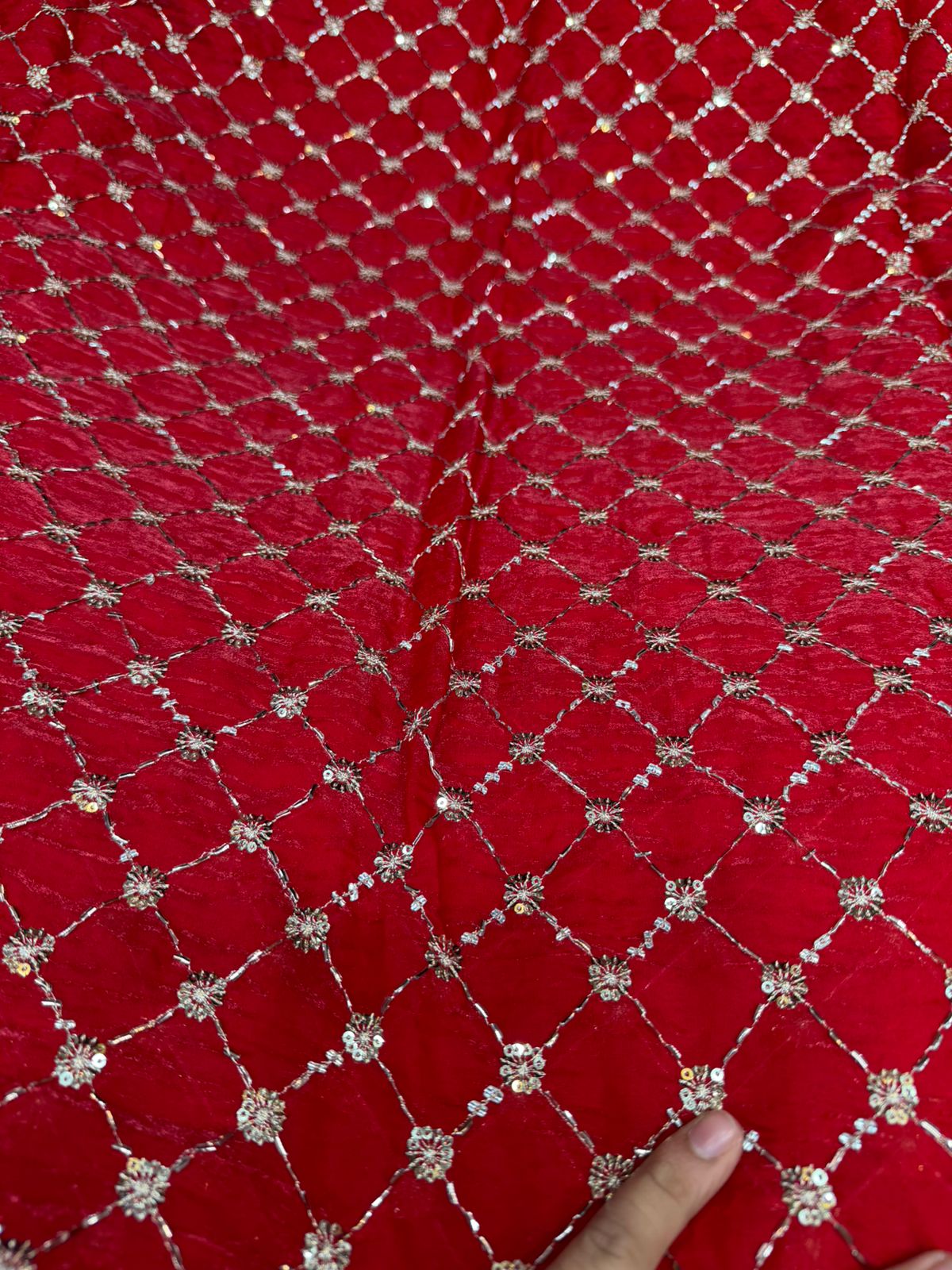 Red Fendy Work Gold Jaal Embroidered Fabric with Sequin Flowers | ₹350 per Meter