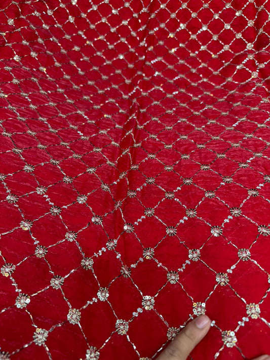 Red Fendy Work Gold Jaal Embroidered Fabric with Sequin Flowers | ₹350 per Meter