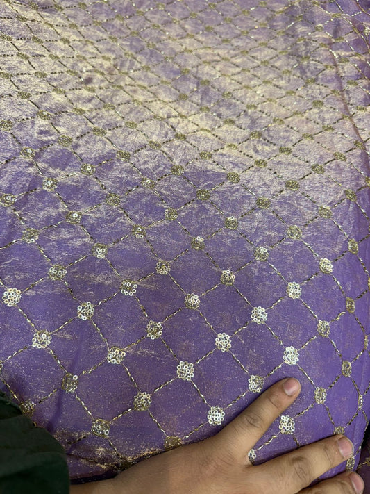 Lavender Fendy Work Gold Jaal Embroidered Fabric with Sequin Flowers | ₹350 per Meter