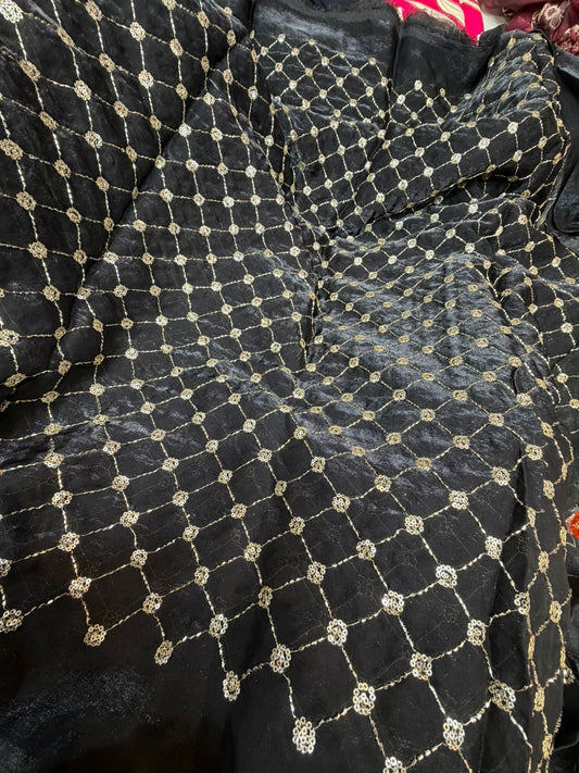 Black Fendy Work Gold Jaal Embroidered Fabric with Sequin Flowers | ₹350 per Meter