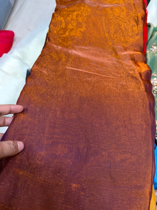 Shaded Organza Fabric – Copper Maroon Dual Tone | Sheer Shimmer Material | 150 Per Meter